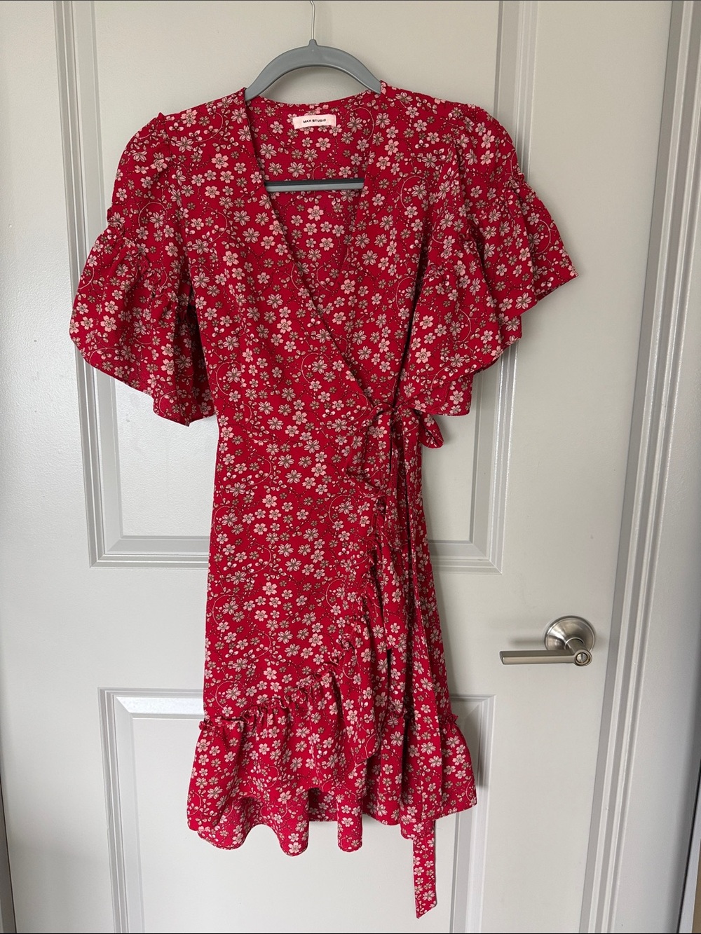 Size S Red Floral Wrap Dress with Ruffle Hem
